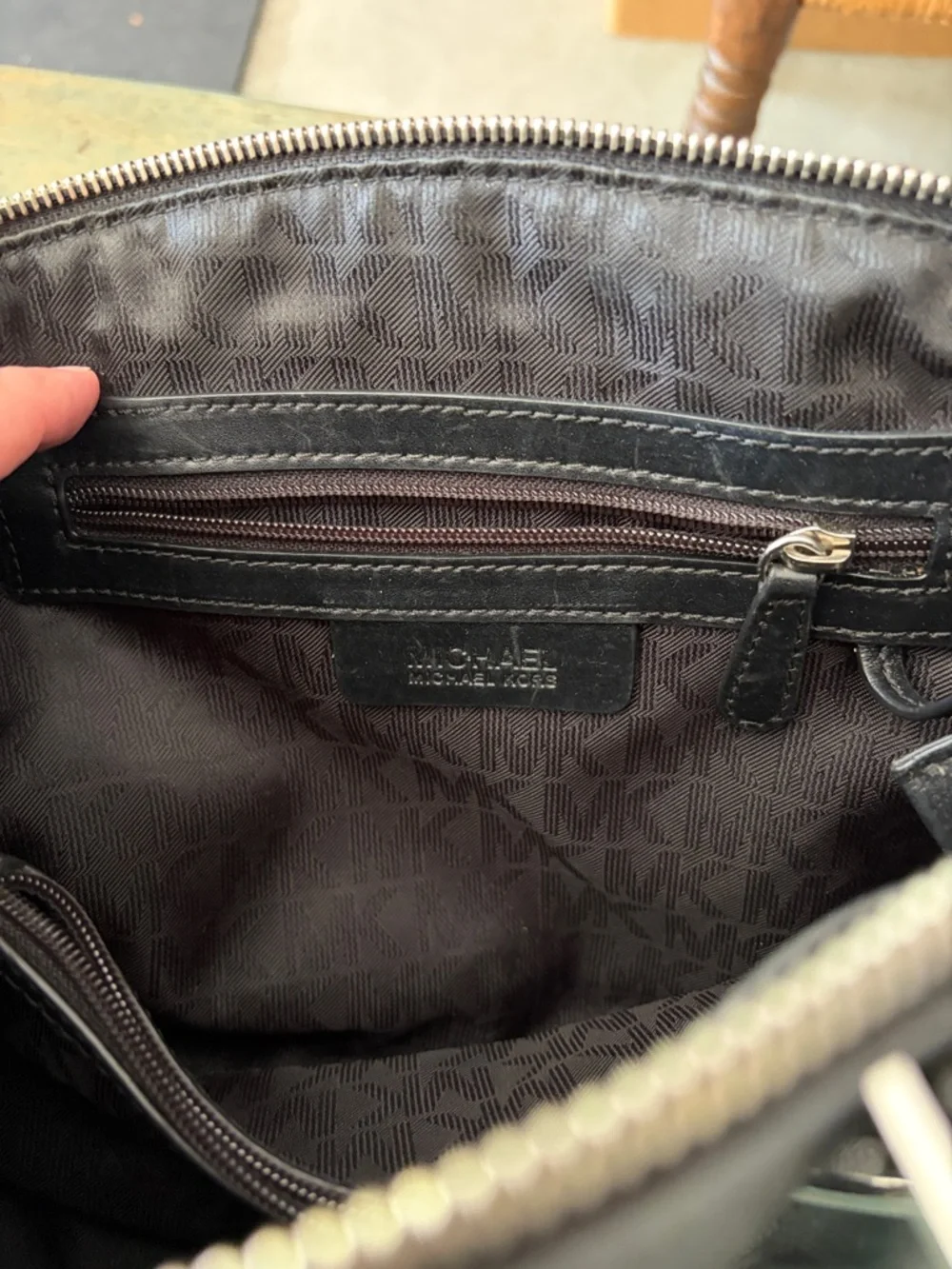 Michael Kors Black Satchel Textured Logo Exterior MK Charm Zip Top Handbag - Picture 3 of 5